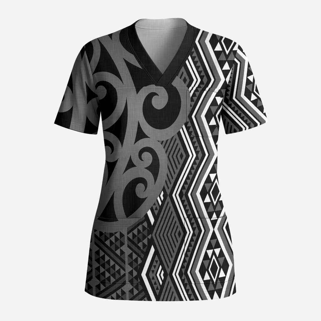 Maori Taniko Patterns Scrub Top Black Patiki Motifs Mix Whakairo Ngaru LT7 Adult Black - Polynesian Pride