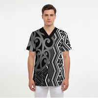 Maori Taniko Patterns Scrub Top Black Patiki Motifs Mix Whakairo Ngaru - Polynesian Pride