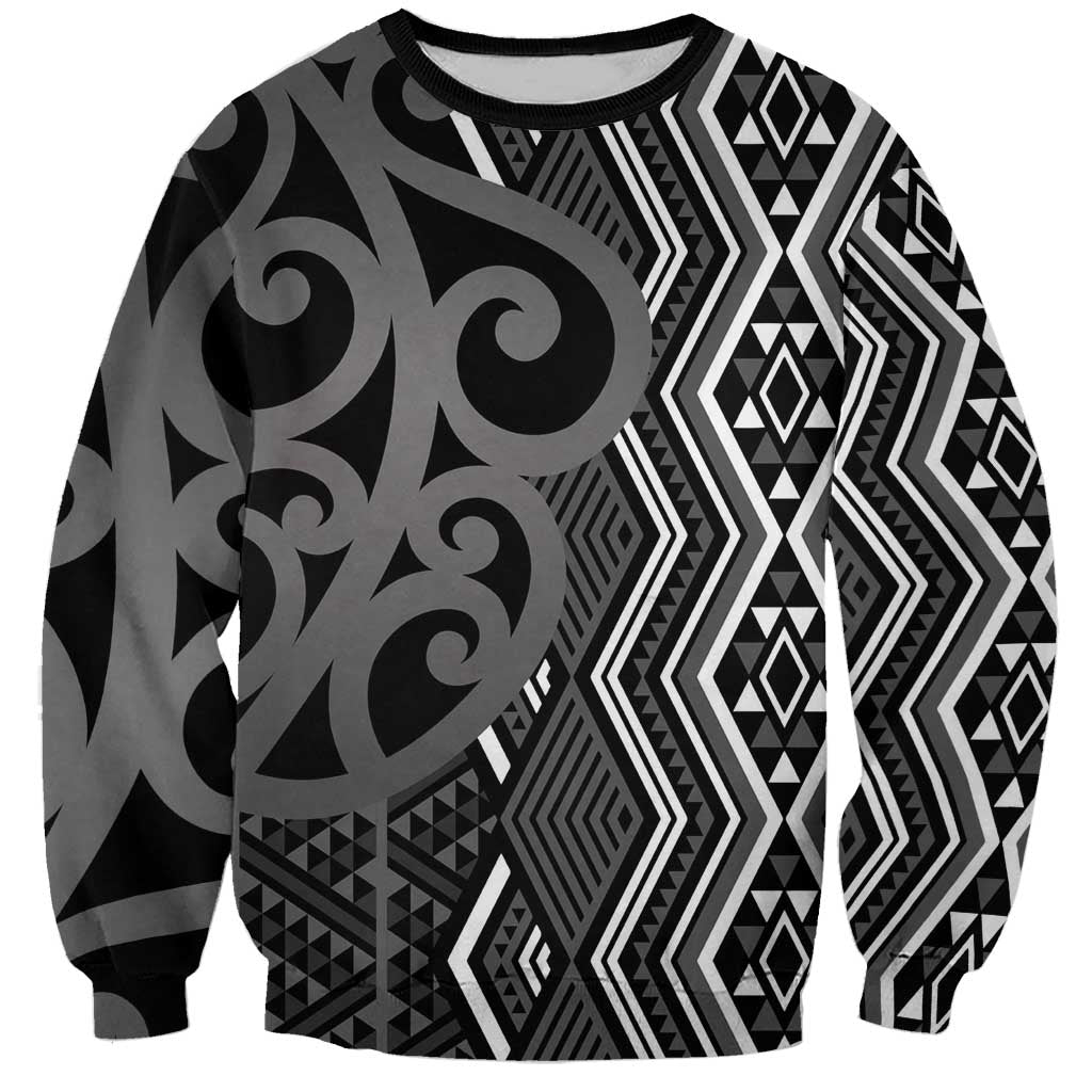 Maori Taniko Patterns Sweatshirt Black Patiki Motifs Mix Whakairo Ngaru