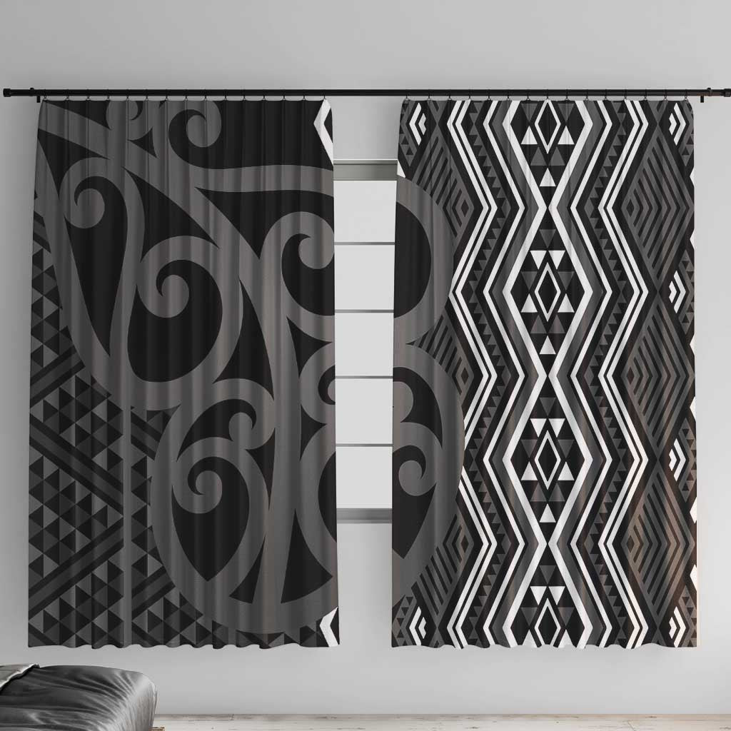 Maori Taniko Patterns Window Curtain Black Patiki Motifs Mix Whakairo Ngaru LT7 With Hooks Black - Polynesian Pride