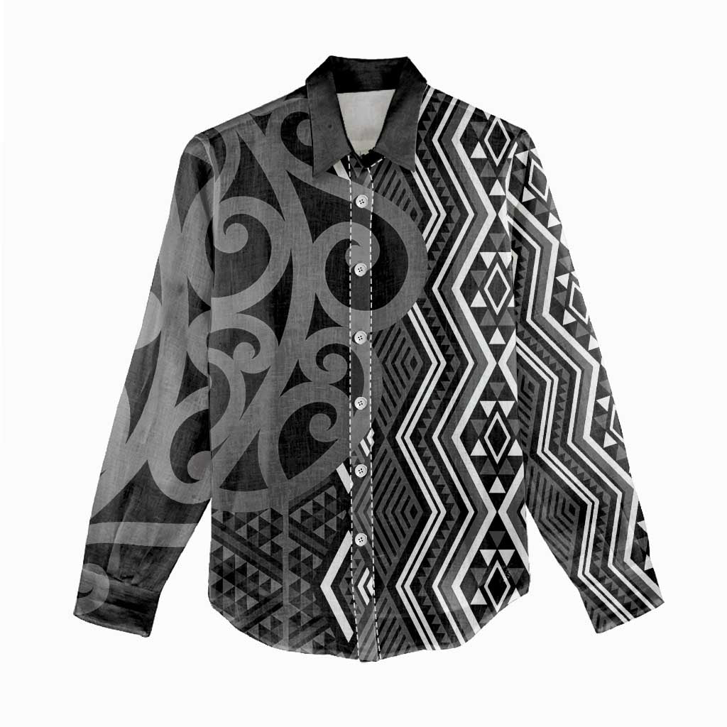 Maori Taniko Patterns Women Casual Shirt Black Patiki Motifs Mix Whakairo Ngaru