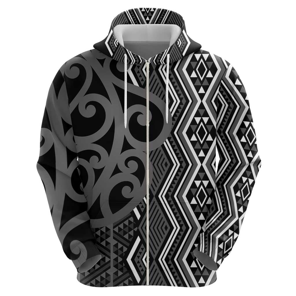 Maori Taniko Patterns Zip Hoodie Black Patiki Motifs Mix Whakairo Ngaru LT7 - Polynesian Pride