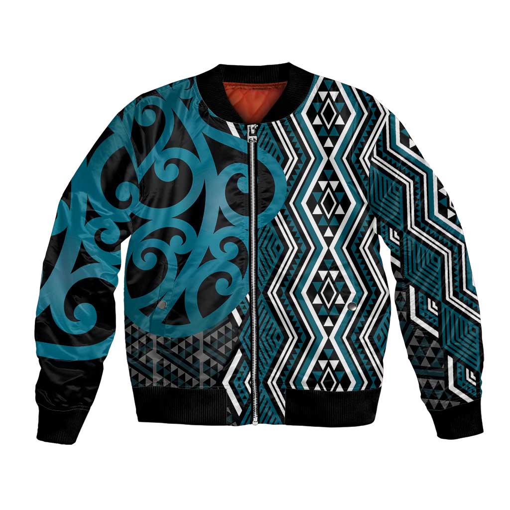 Maori Taniko Patterns Bomber Jacket Azure Patiki Motifs Mix Whakairo Ngaru LT7 Unisex Azure - Polynesian Pride