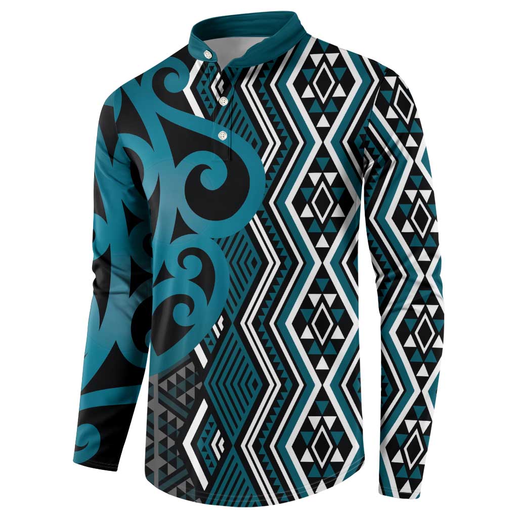 Maori Taniko Patterns Button Sweatshirt Azure Patiki Motifs Mix Whakairo Ngaru