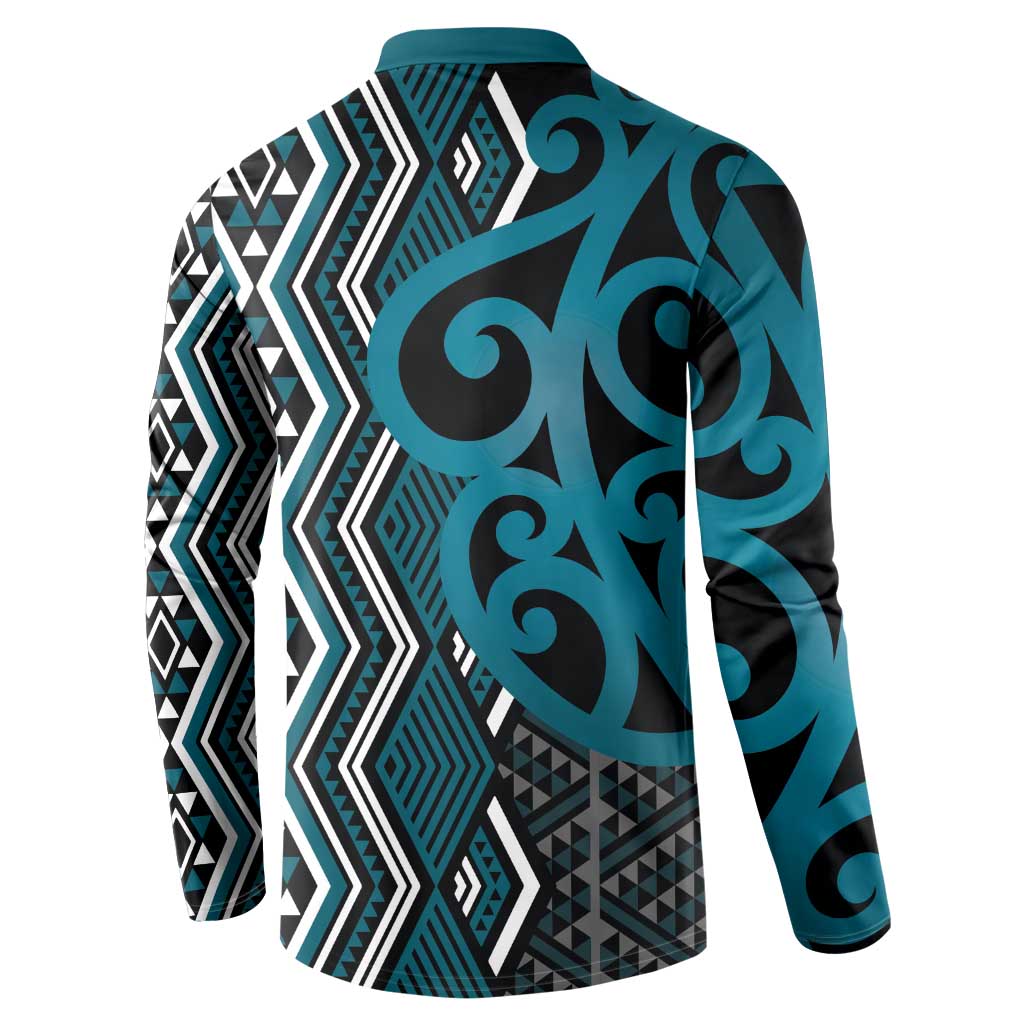 Maori Taniko Patterns Button Sweatshirt Azure Patiki Motifs Mix Whakairo Ngaru