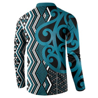 Maori Taniko Patterns Button Sweatshirt Azure Patiki Motifs Mix Whakairo Ngaru
