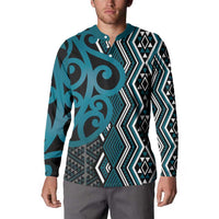 Maori Taniko Patterns Button Sweatshirt Azure Patiki Motifs Mix Whakairo Ngaru