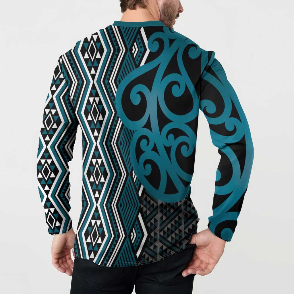 Maori Taniko Patterns Button Sweatshirt Azure Patiki Motifs Mix Whakairo Ngaru