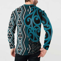 Maori Taniko Patterns Button Sweatshirt Azure Patiki Motifs Mix Whakairo Ngaru