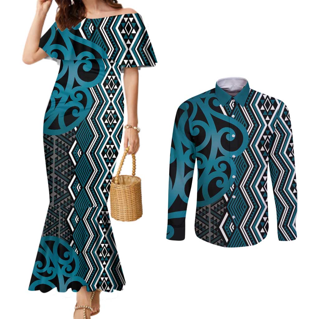 Maori Taniko Patterns Couples Matching Mermaid Dress and Long Sleeve Button Shirt Azure Patiki Motifs Mix Whakairo Ngaru