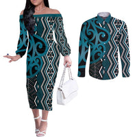 Maori Taniko Patterns Couples Matching Off The Shoulder Long Sleeve Dress and Long Sleeve Button Shirt Azure Patiki Motifs Mix Whakairo Ngaru