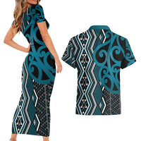 Maori Taniko Patterns Couples Matching Short Sleeve Bodycon Dress and Hawaiian Shirt Azure Patiki Motifs Mix Whakairo Ngaru