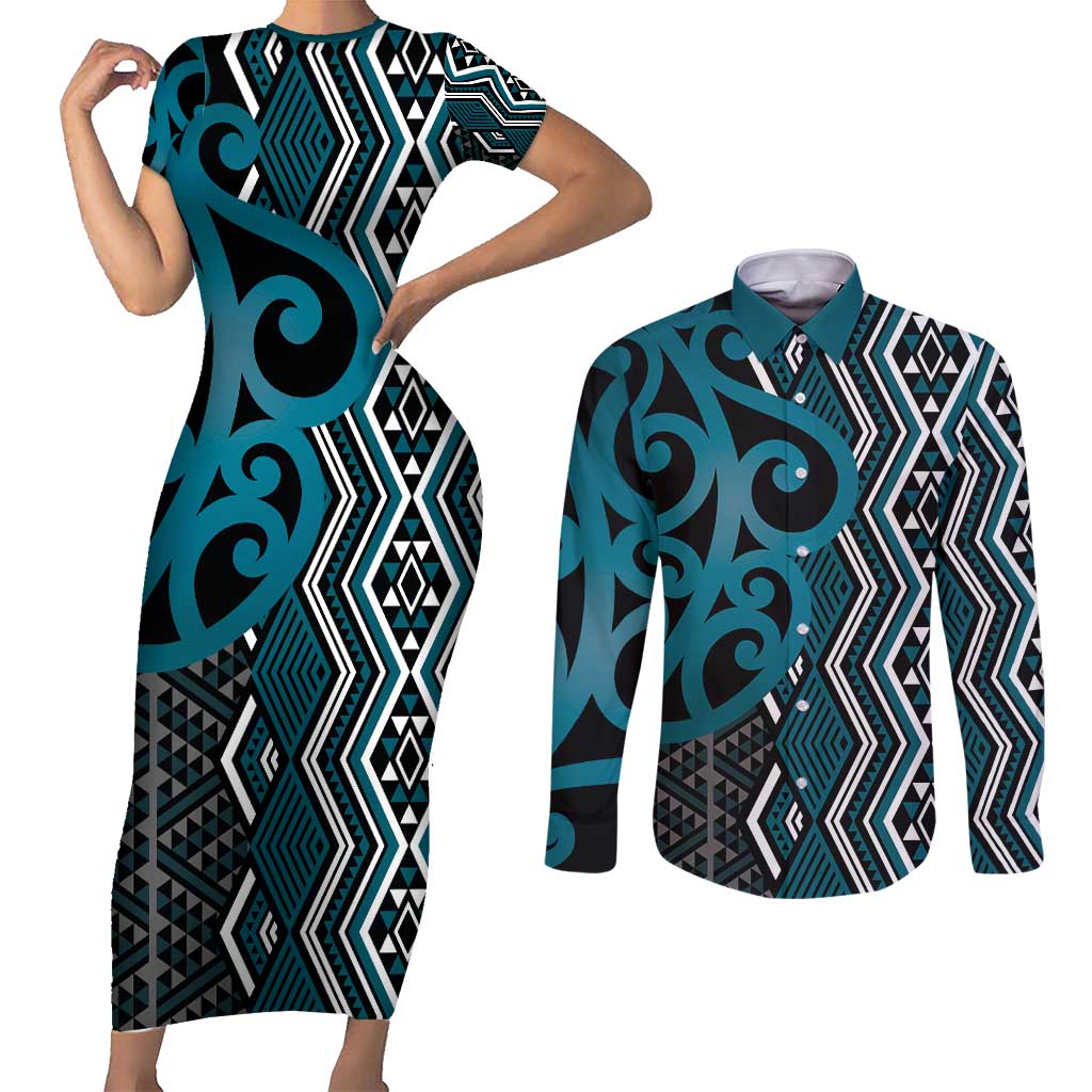 Maori Taniko Patterns Couples Matching Short Sleeve Bodycon Dress and Long Sleeve Button Shirt Azure Patiki Motifs Mix Whakairo Ngaru