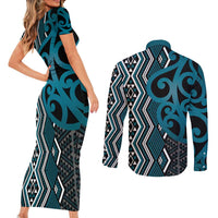 Maori Taniko Patterns Couples Matching Short Sleeve Bodycon Dress and Long Sleeve Button Shirt Azure Patiki Motifs Mix Whakairo Ngaru