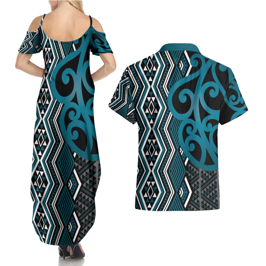 Maori Taniko Patterns Couples Matching Summer Maxi Dress and Hawaiian Shirt Azure Patiki Motifs Mix Whakairo Ngaru