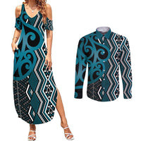 Maori Taniko Patterns Couples Matching Summer Maxi Dress and Long Sleeve Button Shirt Azure Patiki Motifs Mix Whakairo Ngaru
