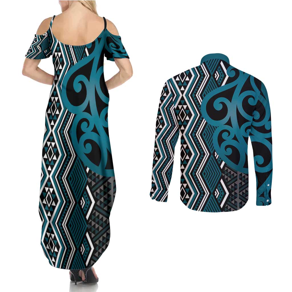 Maori Taniko Patterns Couples Matching Summer Maxi Dress and Long Sleeve Button Shirt Azure Patiki Motifs Mix Whakairo Ngaru