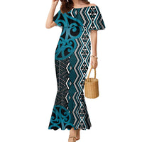 Maori Taniko Patterns Family Matching Mermaid Dress and Hawaiian Shirt Azure Patiki Motifs Mix Whakairo Ngaru