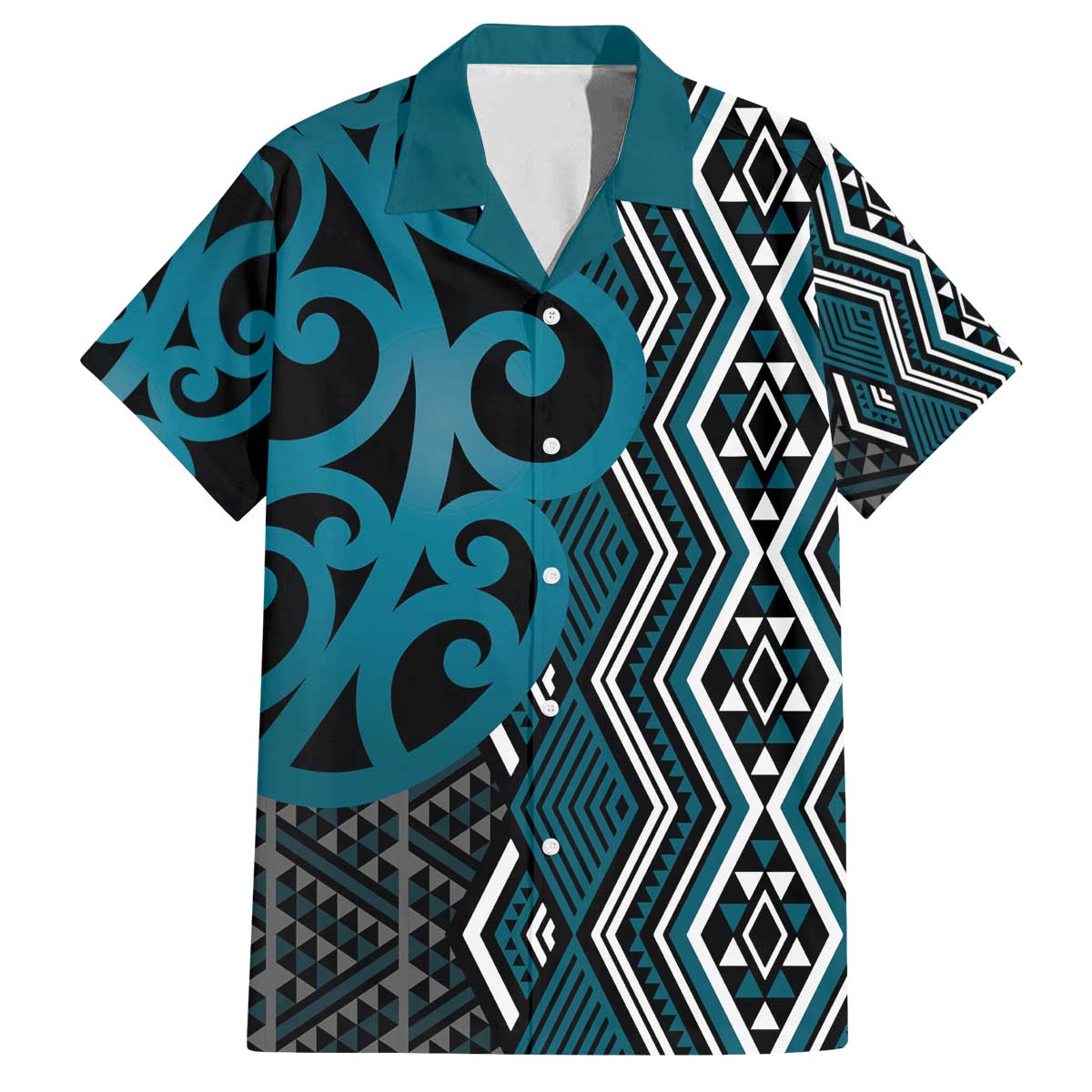 Maori Taniko Patterns Family Matching Off The Shoulder Long Sleeve Dress and Hawaiian Shirt Azure Patiki Motifs Mix Whakairo Ngaru