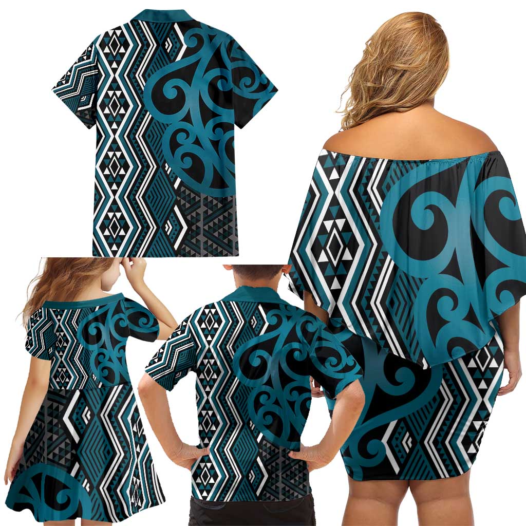 Maori Taniko Patterns Family Matching Off Shoulder Short Dress and Hawaiian Shirt Azure Patiki Motifs Mix Whakairo Ngaru
