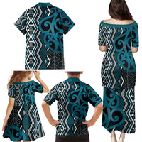 Maori Taniko Patterns Family Matching Puletasi and Hawaiian Shirt Azure Patiki Motifs Mix Whakairo Ngaru