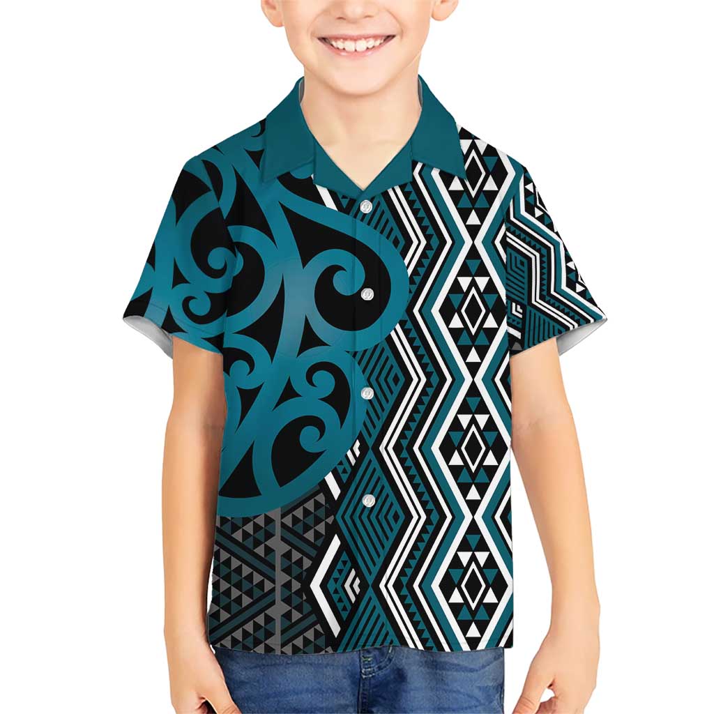 Maori Taniko Patterns Kid Hawaiian Shirt Azure Patiki Motifs Mix Whakairo Ngaru LT7 Kid Azure - Polynesian Pride