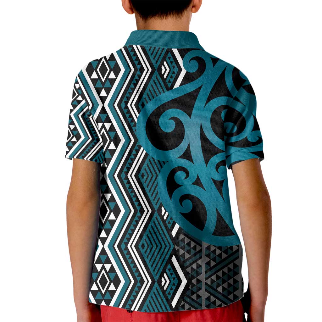 Maori Taniko Patterns Kid Polo Shirt Azure Patiki Motifs Mix Whakairo Ngaru