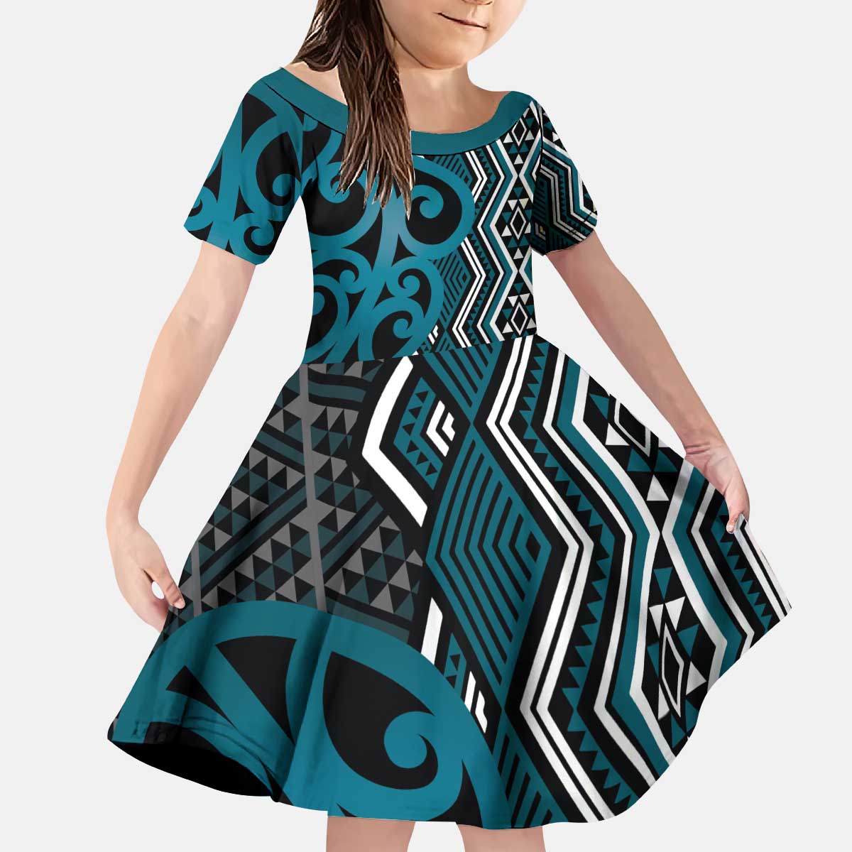 Maori Taniko Patterns Kid Short Sleeve Dress Azure Patiki Motifs Mix Whakairo Ngaru
