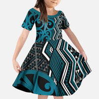 Maori Taniko Patterns Kid Short Sleeve Dress Azure Patiki Motifs Mix Whakairo Ngaru