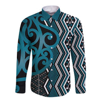 Maori Taniko Patterns Long Sleeve Button Shirt Azure Patiki Motifs Mix Whakairo Ngaru