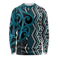 Maori Taniko Patterns Long Sleeve Shirt Azure Patiki Motifs Mix Whakairo Ngaru