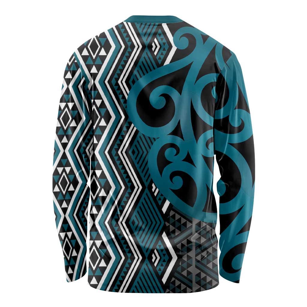 Maori Taniko Patterns Long Sleeve Shirt Azure Patiki Motifs Mix Whakairo Ngaru