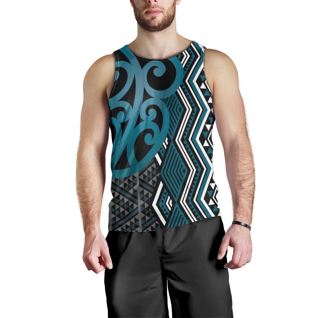 Maori Taniko Patterns Men Tank Top Azure Patiki Motifs Mix Whakairo Ngaru