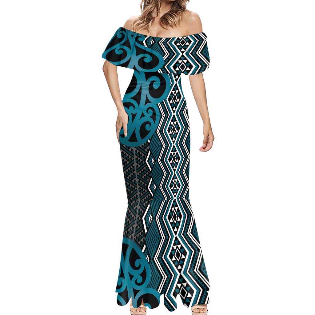 Maori Taniko Patterns Mermaid Dress Azure Patiki Motifs Mix Whakairo Ngaru