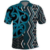 Maori Taniko Patterns Polo Shirt Azure Patiki Motifs Mix Whakairo Ngaru