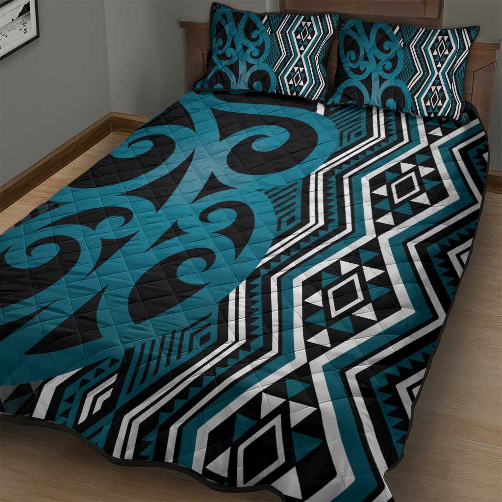 Maori Taniko Patterns Quilt Bed Set Azure Patiki Motifs Mix Whakairo Ngaru