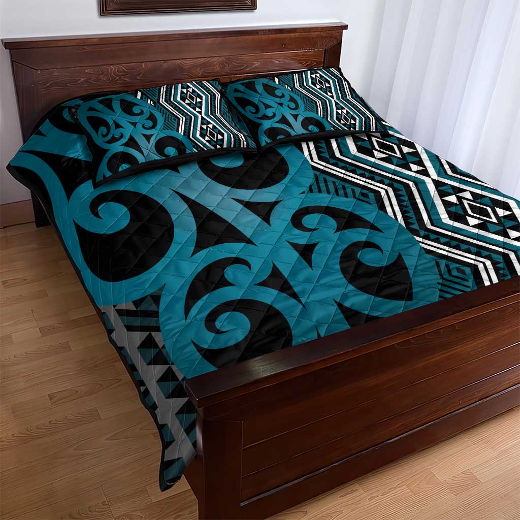 Maori Taniko Patterns Quilt Bed Set Azure Patiki Motifs Mix Whakairo Ngaru