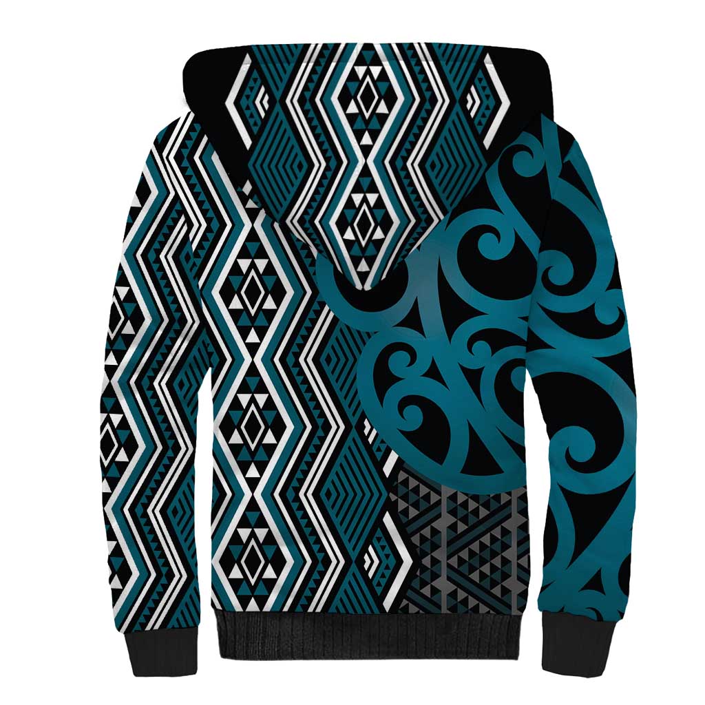Maori Taniko Patterns Sherpa Hoodie Azure Patiki Motifs Mix Whakairo Ngaru