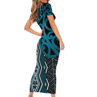 Maori Taniko Patterns Short Sleeve Bodycon Dress Azure Patiki Motifs Mix Whakairo Ngaru