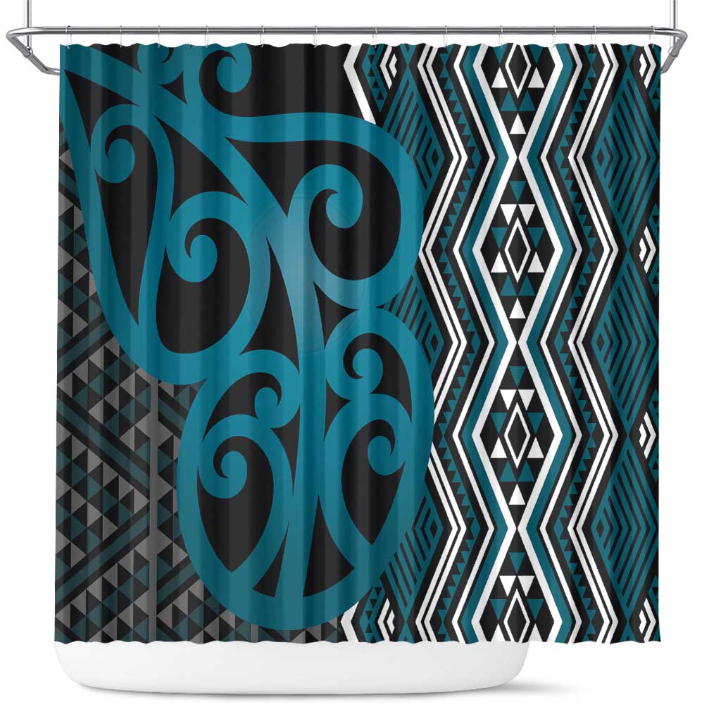 Maori Taniko Patterns Shower Curtain Azure Patiki Motifs Mix Whakairo Ngaru LT7 Azure - Polynesian Pride