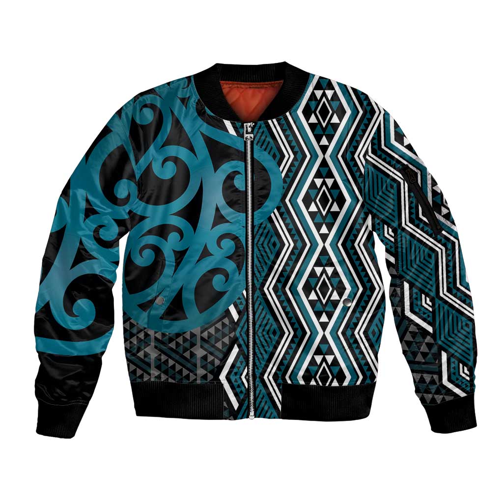 Maori Taniko Patterns Sleeve Zip Bomber Jacket Azure Patiki Motifs Mix Whakairo Ngaru LT7 Unisex Azure - Polynesian Pride