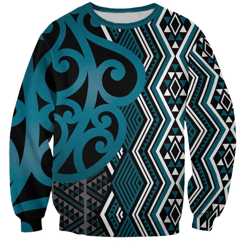 Maori Taniko Patterns Sweatshirt Azure Patiki Motifs Mix Whakairo Ngaru