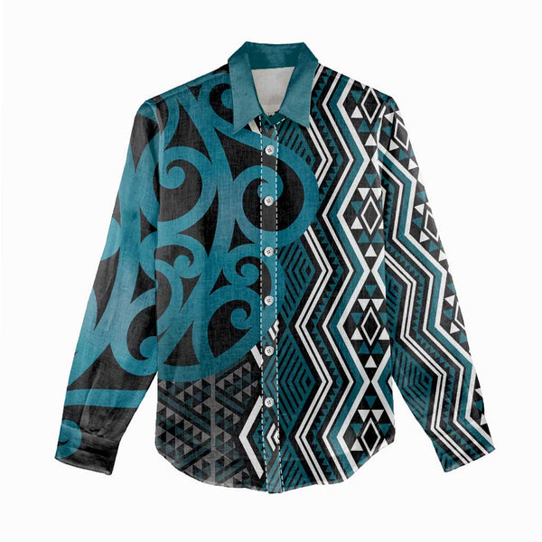 Maori Taniko Patterns Women Casual Shirt Azure Patiki Motifs Mix ...
