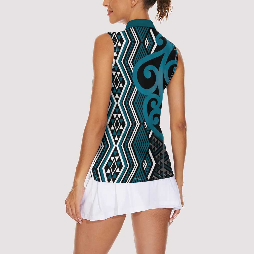 Maori Taniko Patterns Women Sleeveless Polo Shirt Azure Patiki Motifs Mix Whakairo Ngaru
