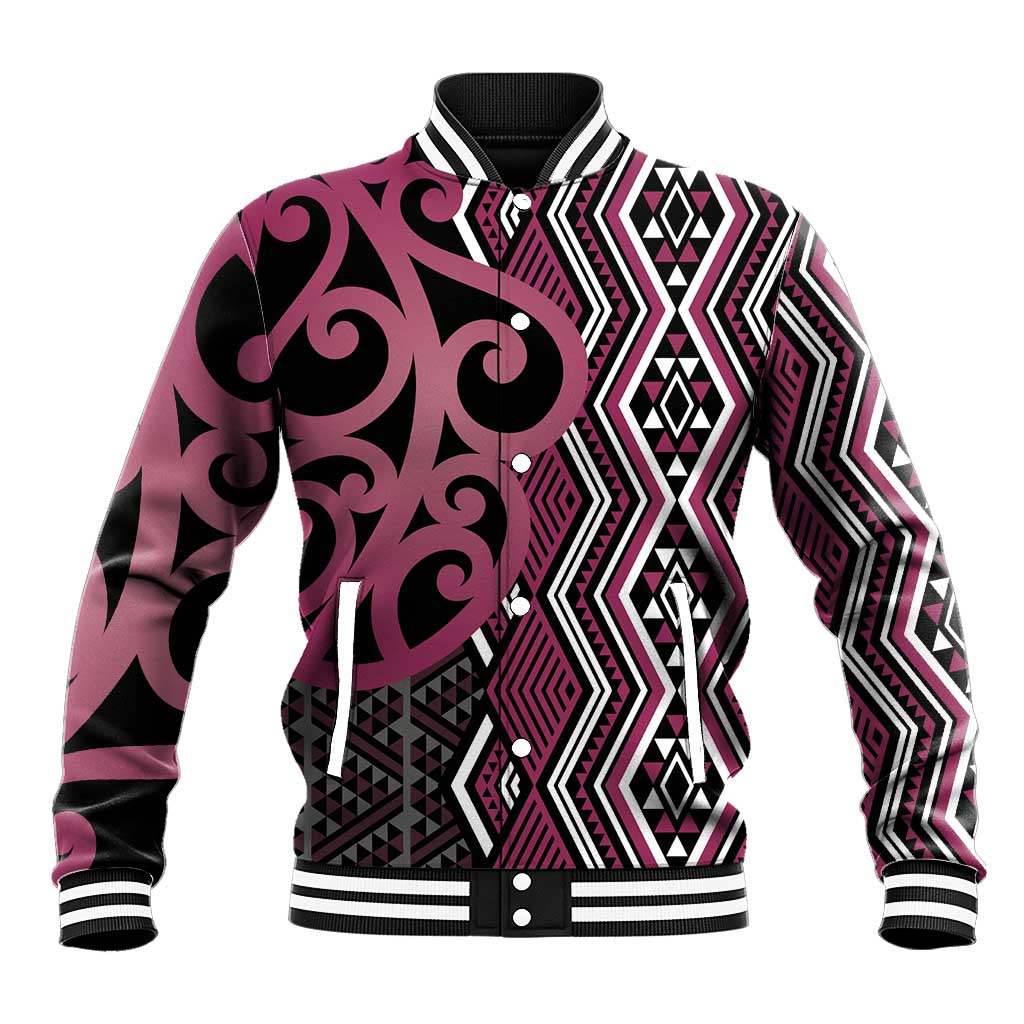 Maori Taniko Patterns Baseball Jacket Pink Patiki Motifs Mix Whakairo Ngaru