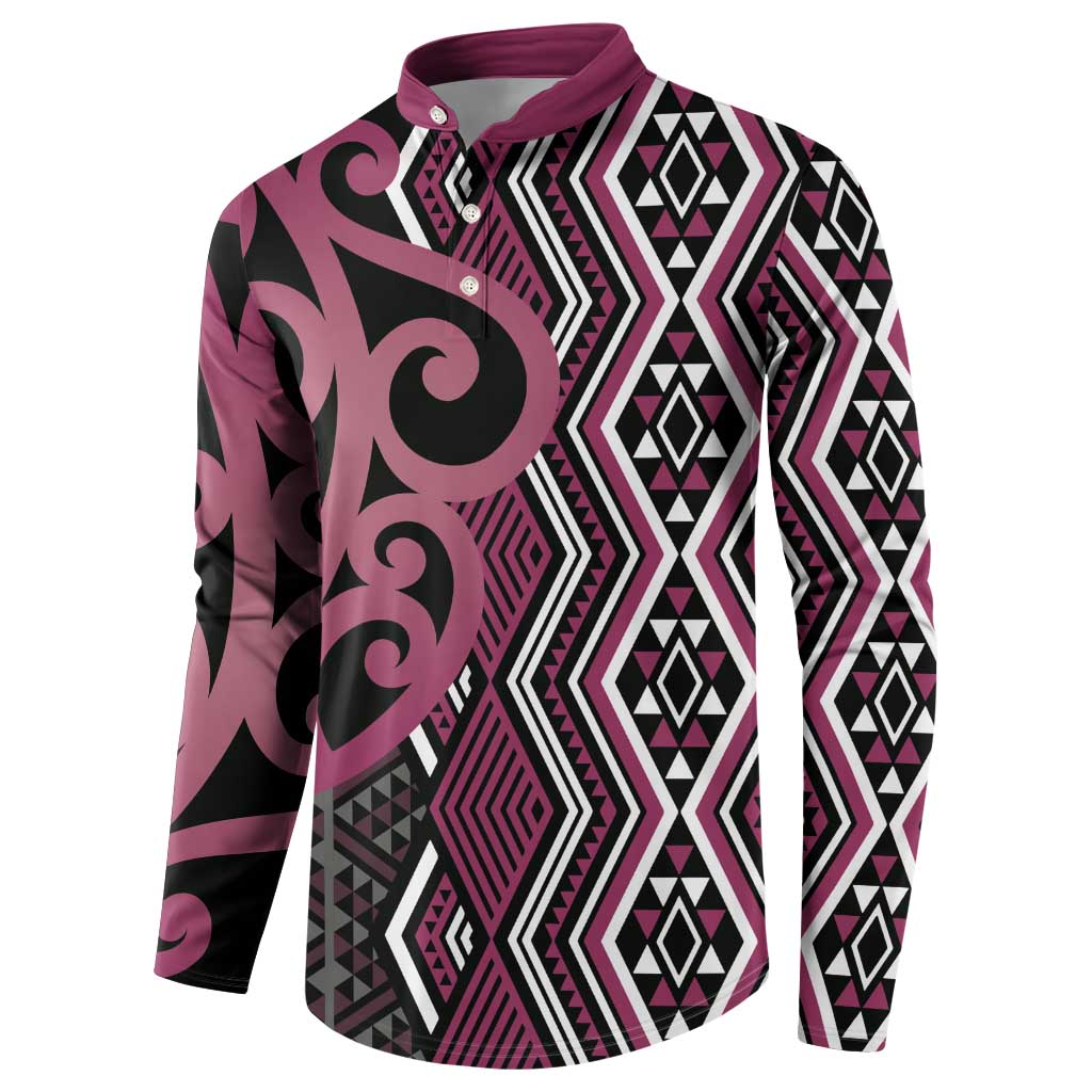 Maori Taniko Patterns Button Sweatshirt Pink Patiki Motifs Mix Whakairo Ngaru