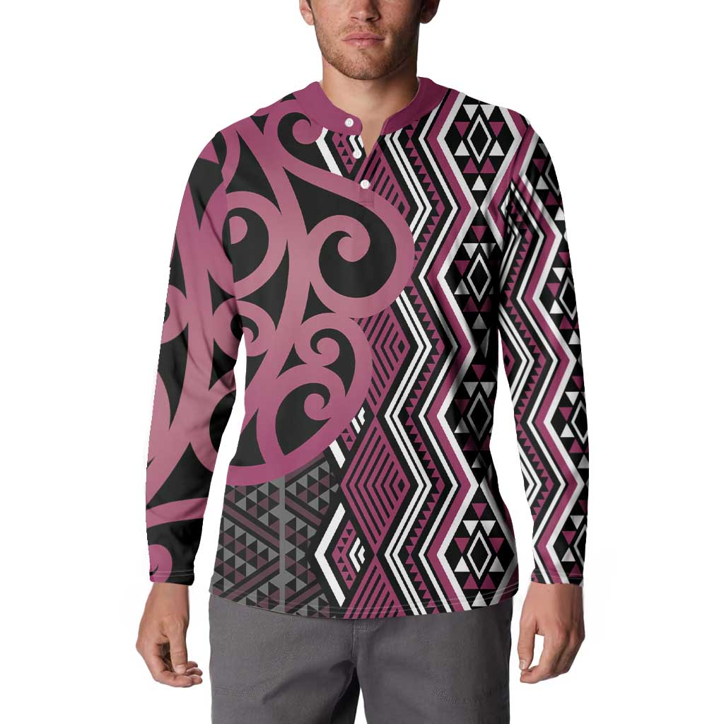 Maori Taniko Patterns Button Sweatshirt Pink Patiki Motifs Mix Whakairo Ngaru
