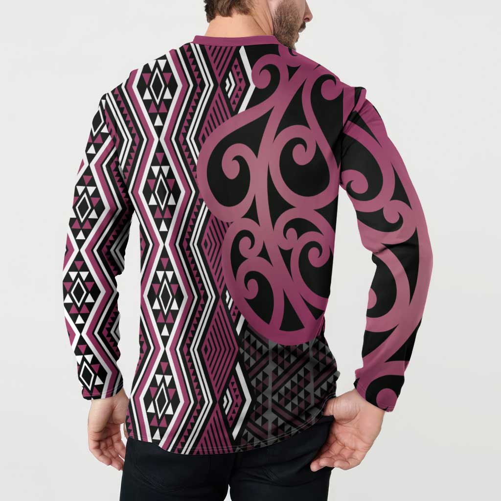 Maori Taniko Patterns Button Sweatshirt Pink Patiki Motifs Mix Whakairo Ngaru