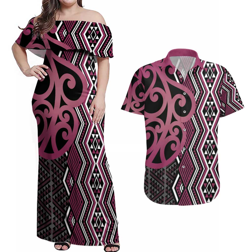 Maori Taniko Patterns Couples Matching Off Shoulder Maxi Dress and Hawaiian Shirt Pink Patiki Motifs Mix Whakairo Ngaru