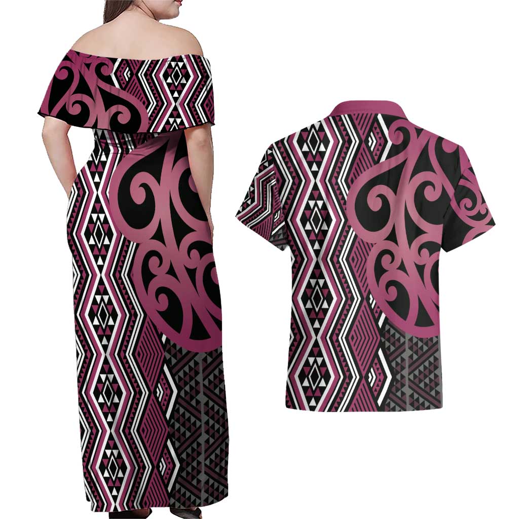 Maori Taniko Patterns Couples Matching Off Shoulder Maxi Dress and Hawaiian Shirt Pink Patiki Motifs Mix Whakairo Ngaru
